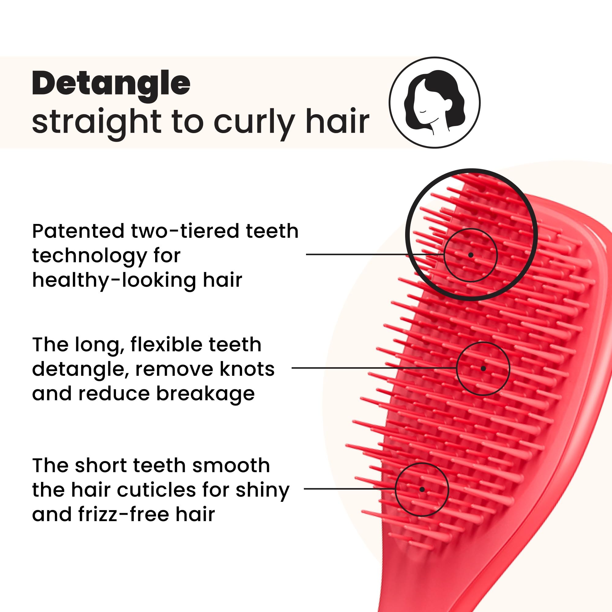 Tangle Teezer teeth close-up highlighting two-tiered design for knot removal and smoothing.