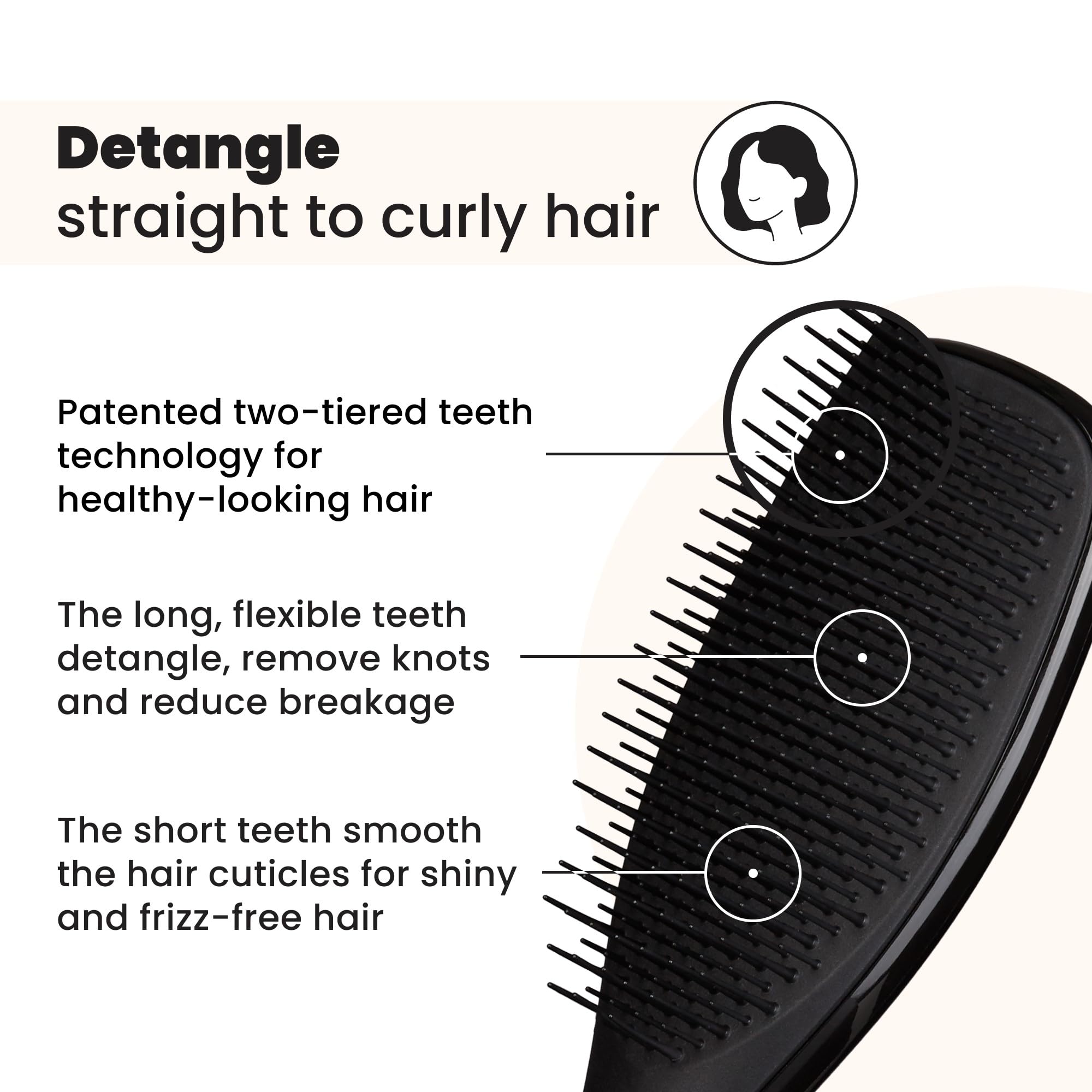 Tangle Teezer Ultimate Detangler two-tier teeth design reduces breakage potential.