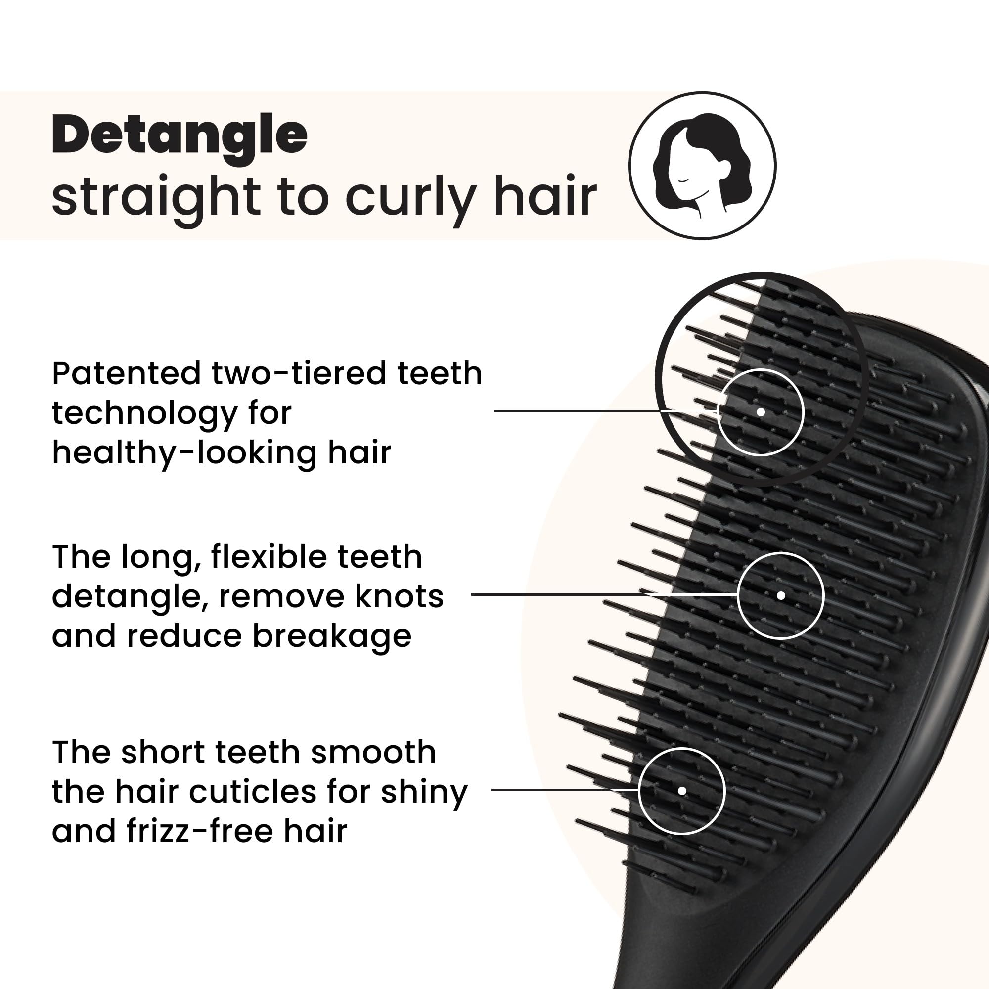 Tangle Teezer Ultimate Detangler two-tier teeth demonstrate knot removal.