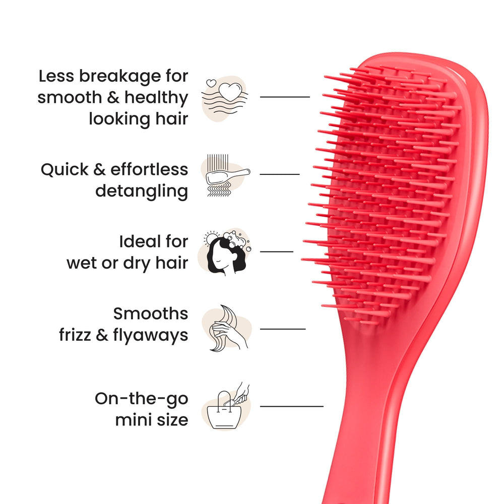 Tangle Teezer detangles wet or dry hair with soft teeth, reducing breakage.