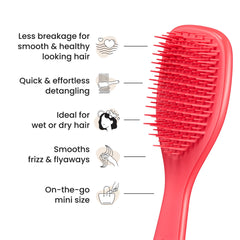 Tangle Teezer detangles wet or dry hair with soft teeth, reducing breakage.