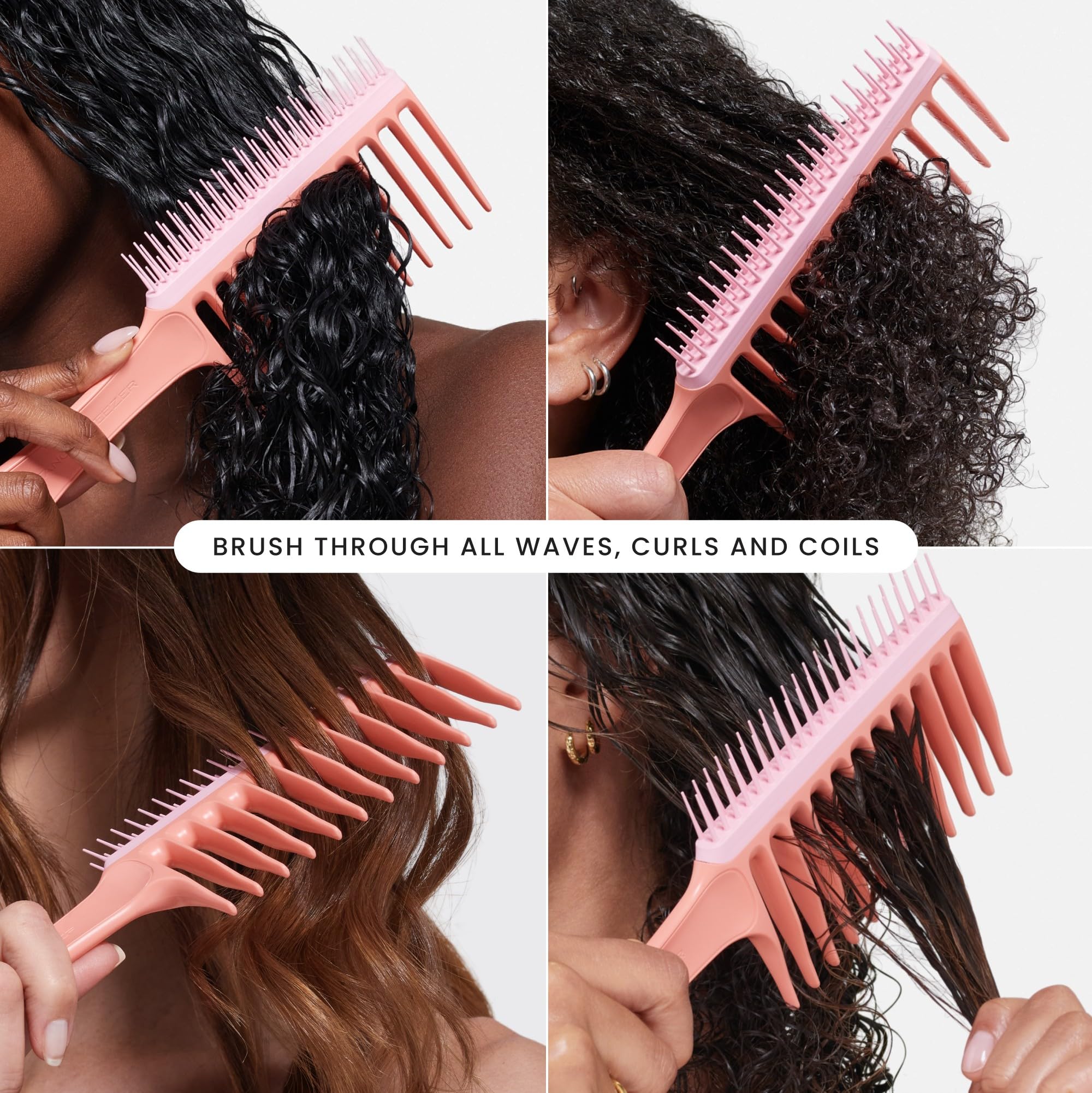 Tangle Teezer wide-tooth comb detangling wet hair in bathroom scene