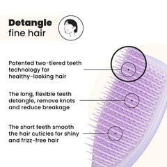 Tangle Teezer Hypnotic Heather closeup highlights two-tiered teeth for reduced breakage on knots.