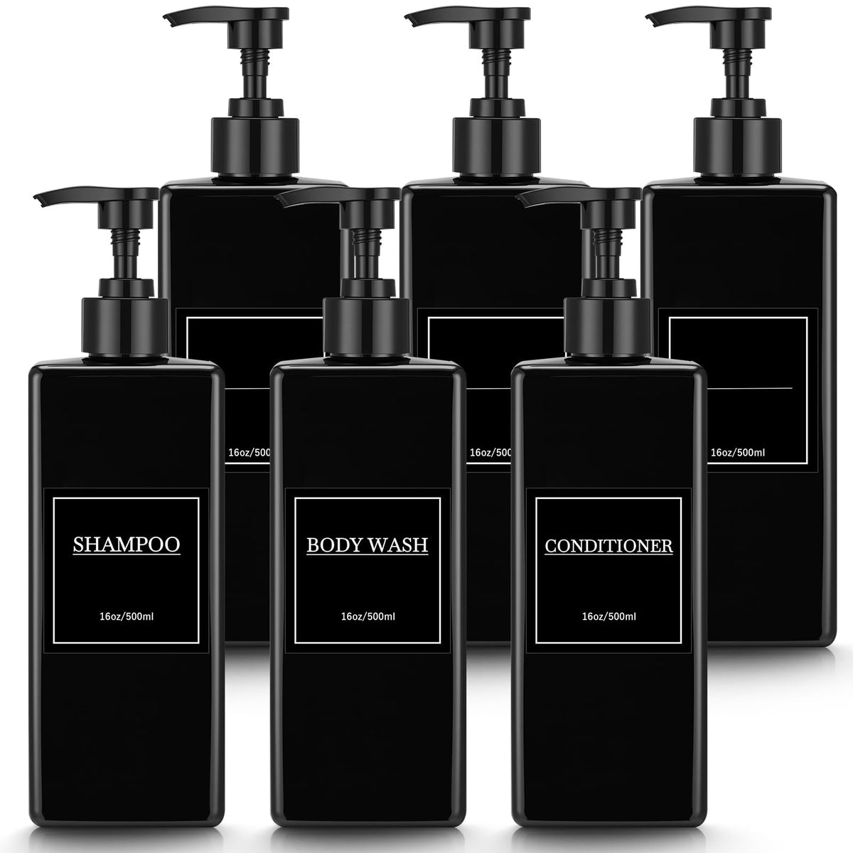 Tanlade 6-pcs shampoo dispenser bottles with black pumps for clutter-free shower storage.