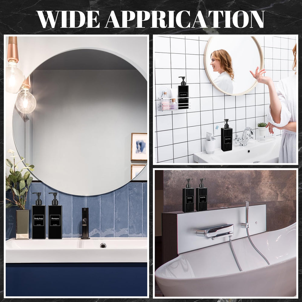Tanlade modern black dispensers enhance bathroom decor while keeping liquids neatly organized.