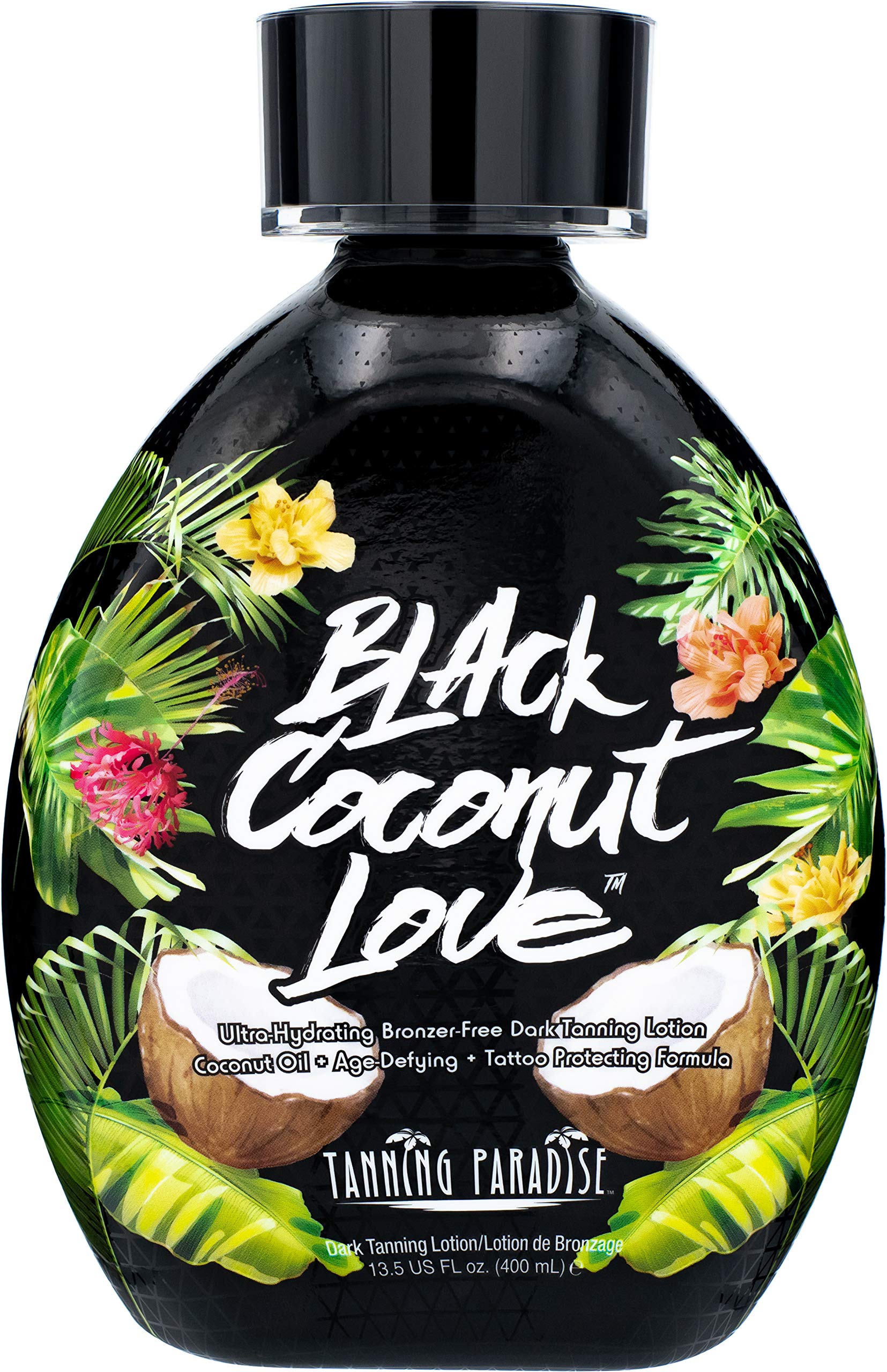 Tanning Paradise Black Coconut Love Lotion bottle highlights ultra-hydrating dark tanning benefits.