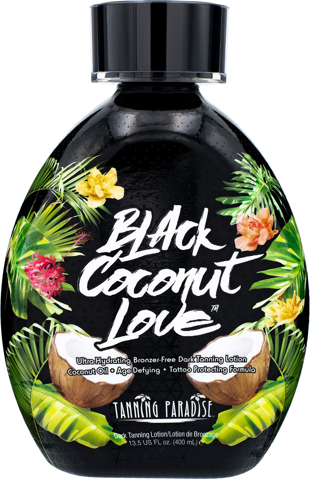 Tanning Paradise Black Coconut Love Lotion bottle highlights ultra-hydrating dark tanning benefits.