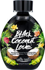 Tanning Paradise Black Coconut Love Lotion bottle highlights ultra-hydrating dark tanning benefits.
