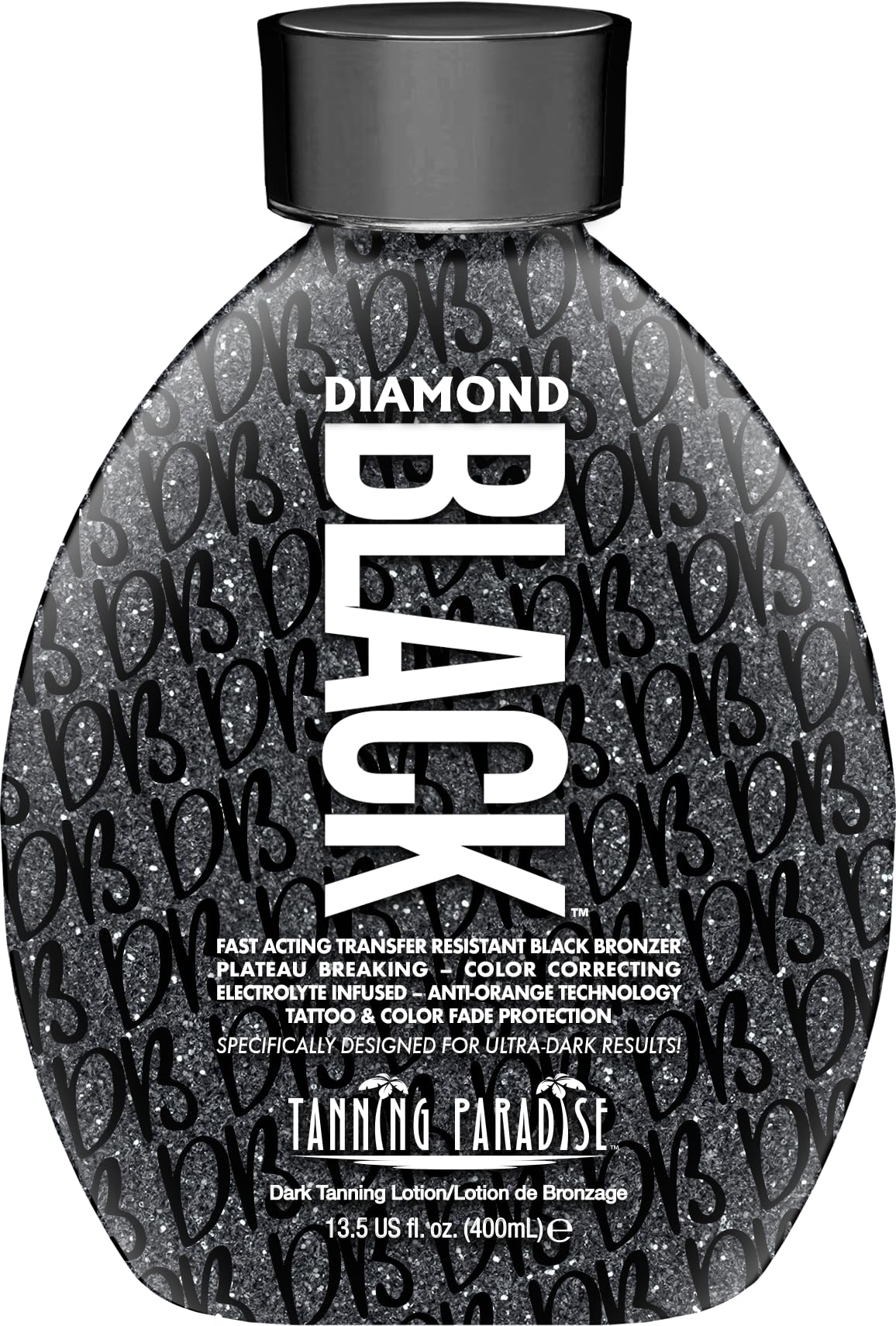 Tanning Paradise Diamond Black lotion bottle close-up showing transfer resistance benefits