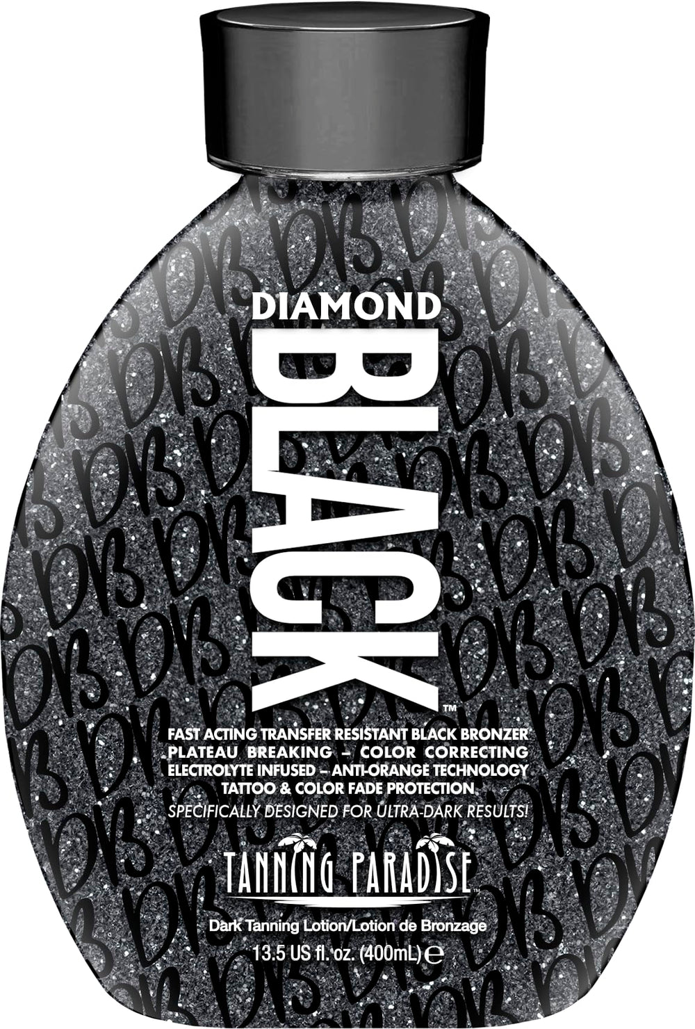 Tanning Paradise Diamond Black lotion bottle close-up showing transfer resistance benefits