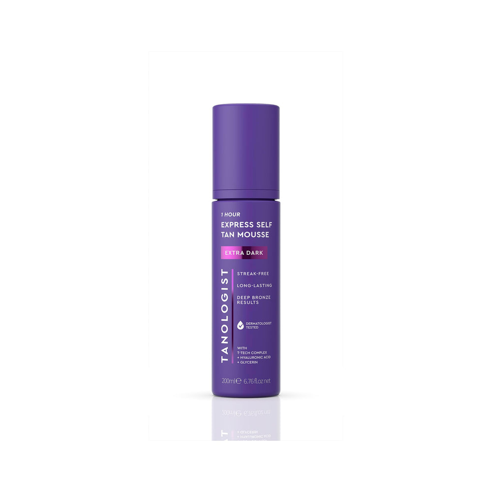 Tanologist Extra Dark Self-Tan Mousse foam pour demonstrates water-to-foam transformation for streak-free tanning.