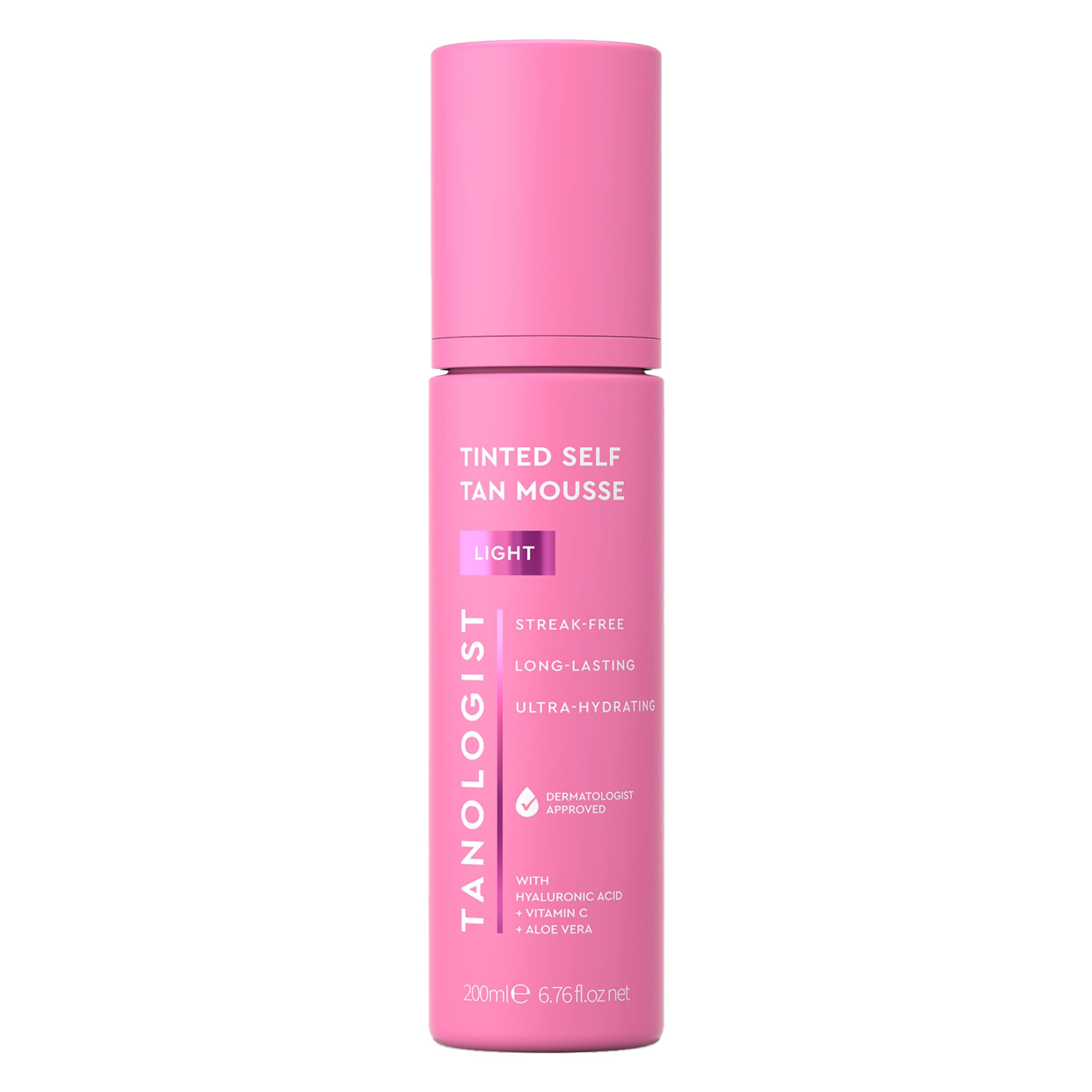 Tanologist Light Self Tan Mousse bottle with natural glow promise.