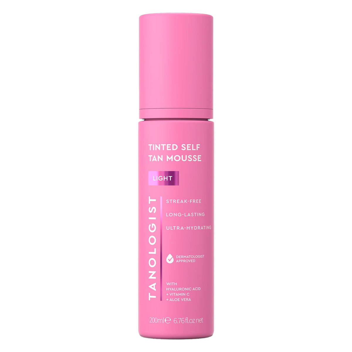 Tanologist Light Self Tan Mousse bottle with natural glow promise.
