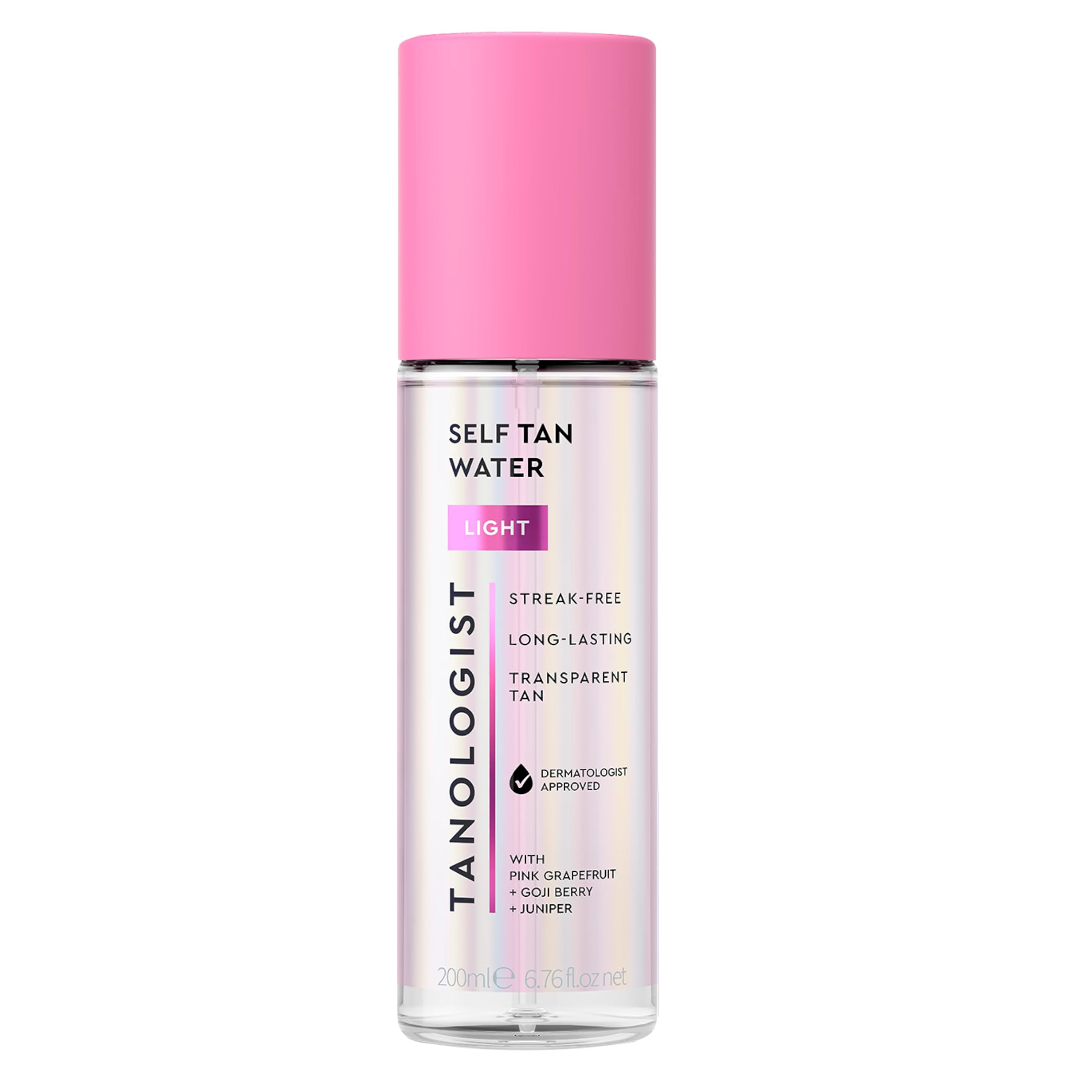 Tanologist Light Self Tan Water bottle shows a clear, mess-free glow with natural bronze results.