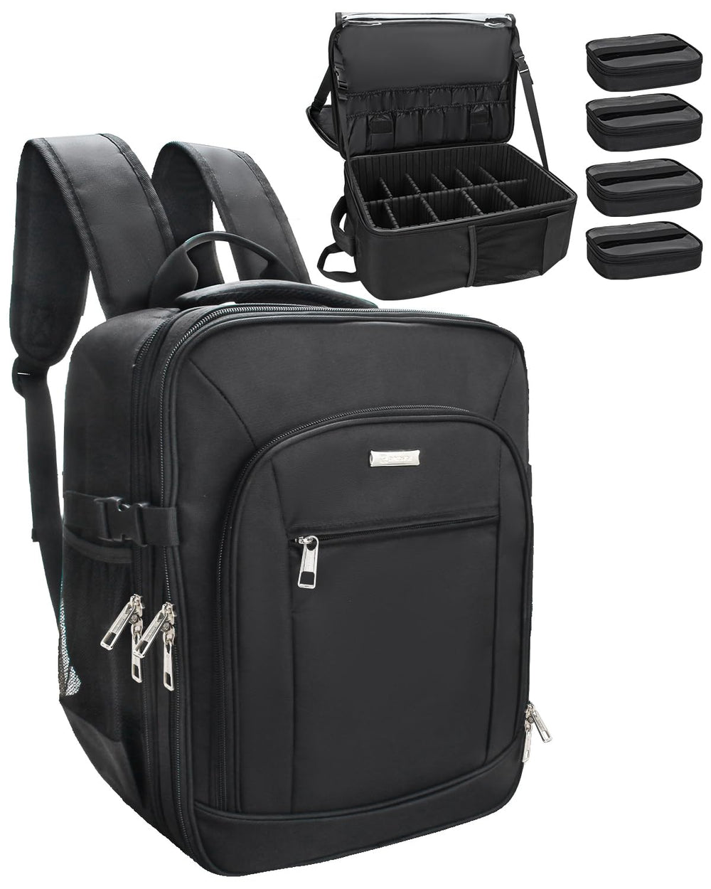 TANTO makeup backpack front view highlighting large capacity for organized cosmetics storage.