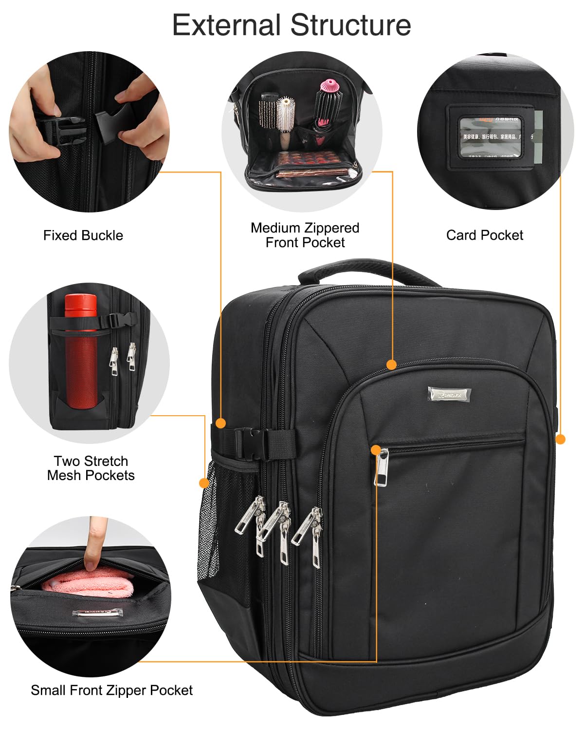 TANTO makeup backpack mesh pockets illustrate extra storage for umbrellas or mugs on the go.