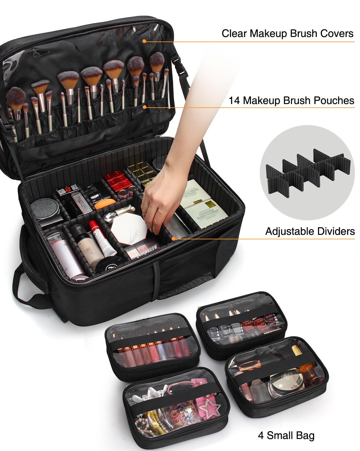 TANTO makeup backpack removable dividers demonstrate customizable organization for brushes and palettes.