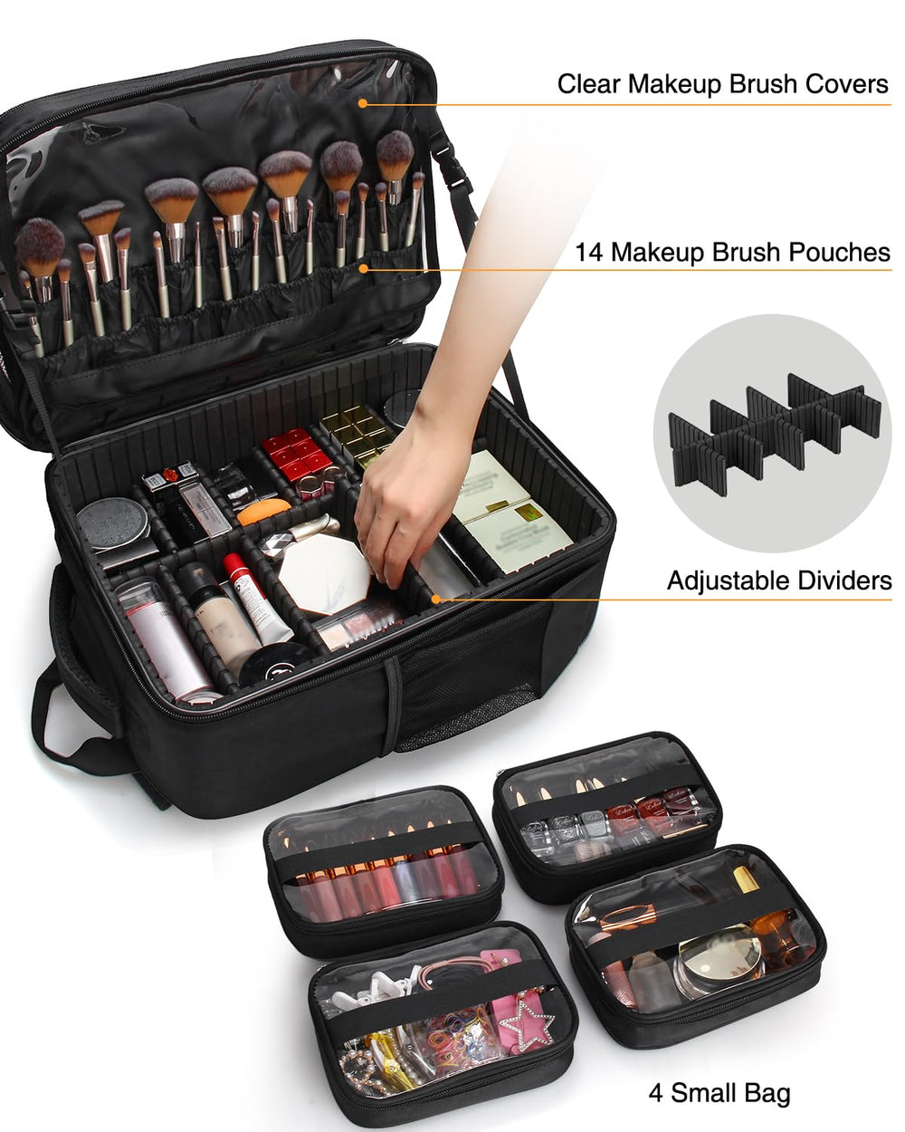 TANTO makeup backpack removable dividers demonstrate customizable organization for brushes and palettes.