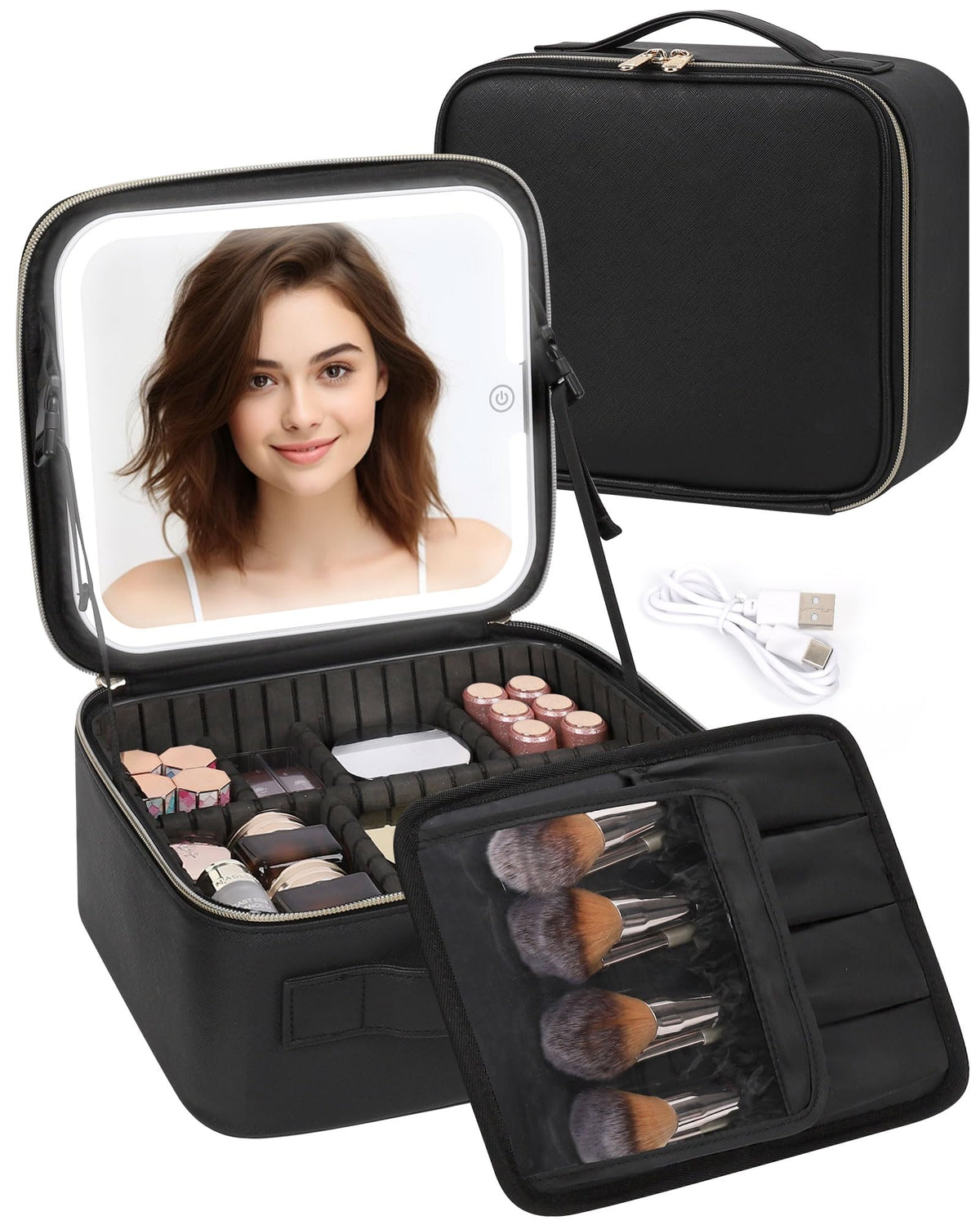 TANTO makeup bag with LED mirror front view highlighting large capacity for travel