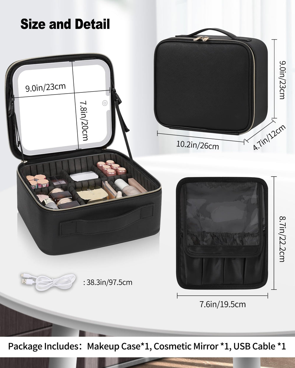 TANTO makeup bag LED mirror open compartments showing adjustable dividers for organization