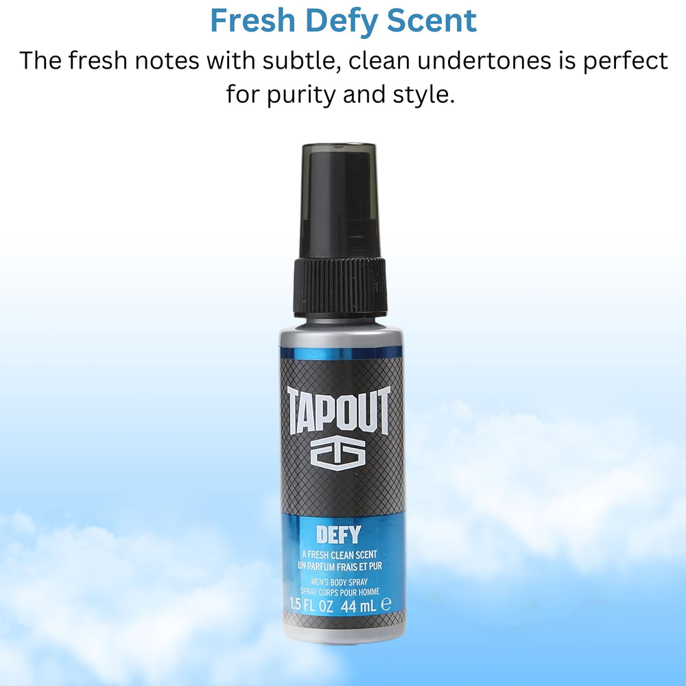 Tapout Defy bottle evokes fresh aquatic tones for adventure-ready scent during outdoor runs.