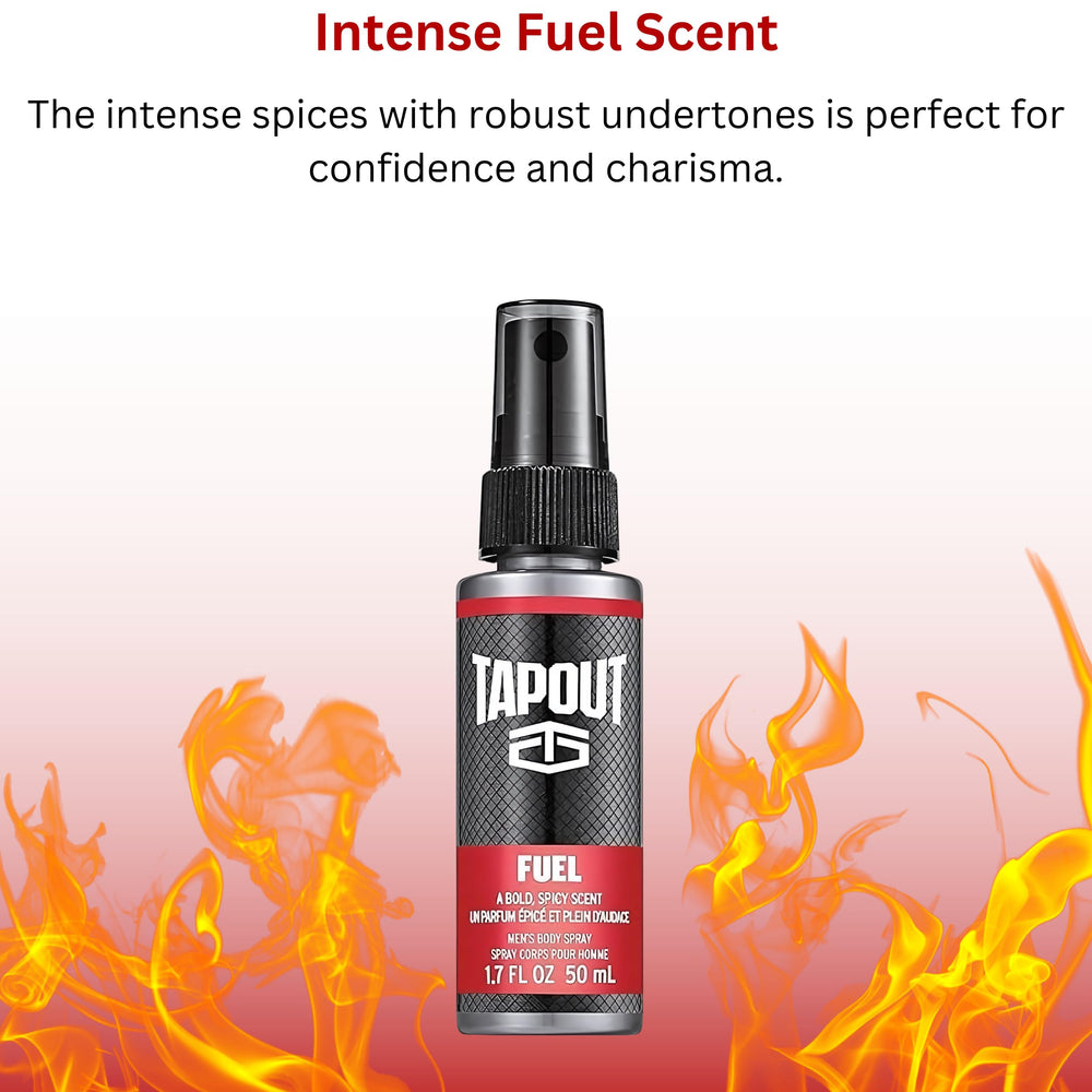 Tapout Fuel bottle energizes with fruity-spicy notes for post-workout motivation.