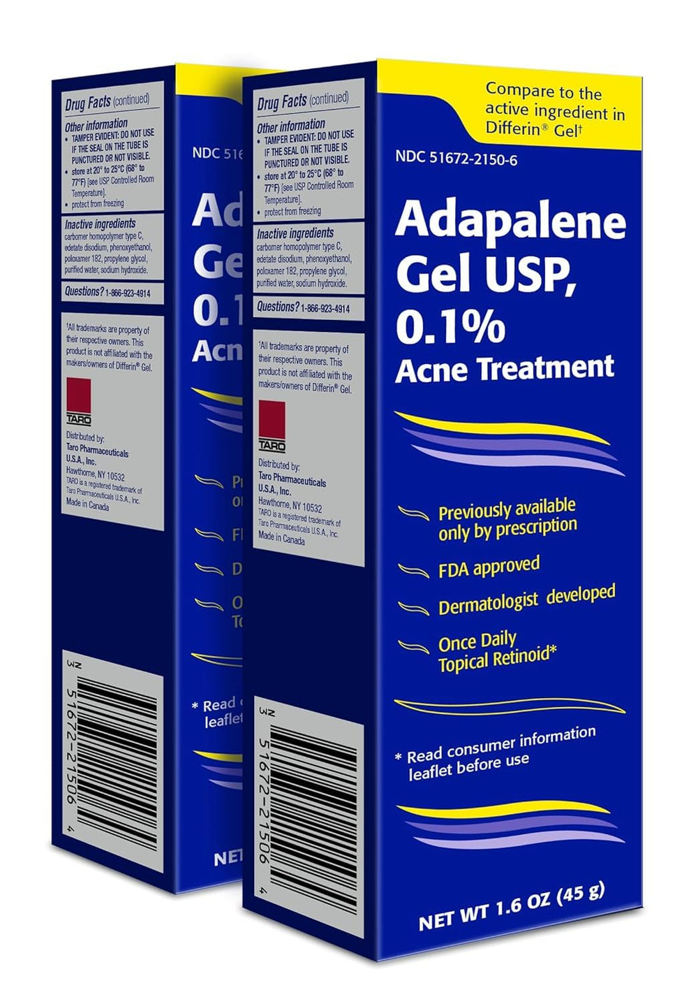TARO Adapalene 0.1% gel bottle, daily acne-fighting treatment.