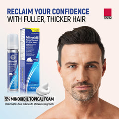 Close-up of TARO Minoxidil foam dispensing for easy scalp application.