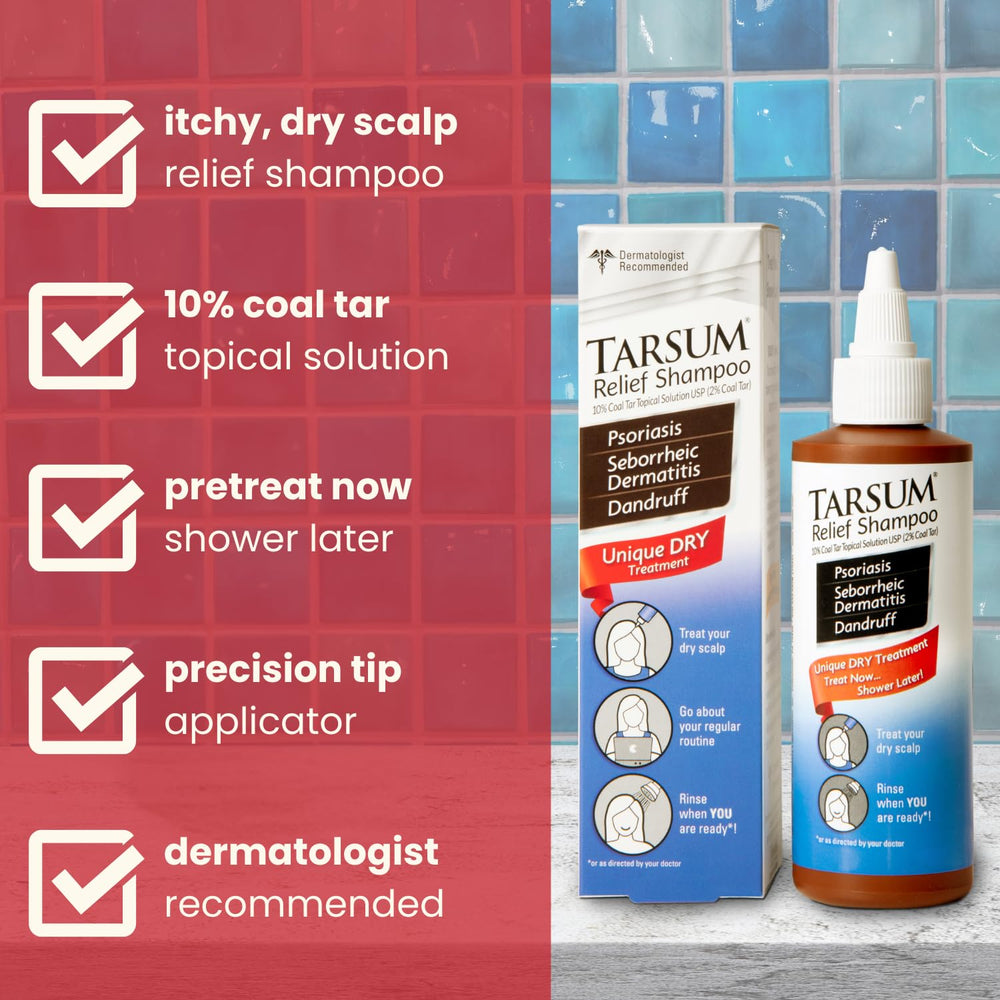 Tarsum shampoo foamy lather demonstrates exfoliating action on flaky scalp.