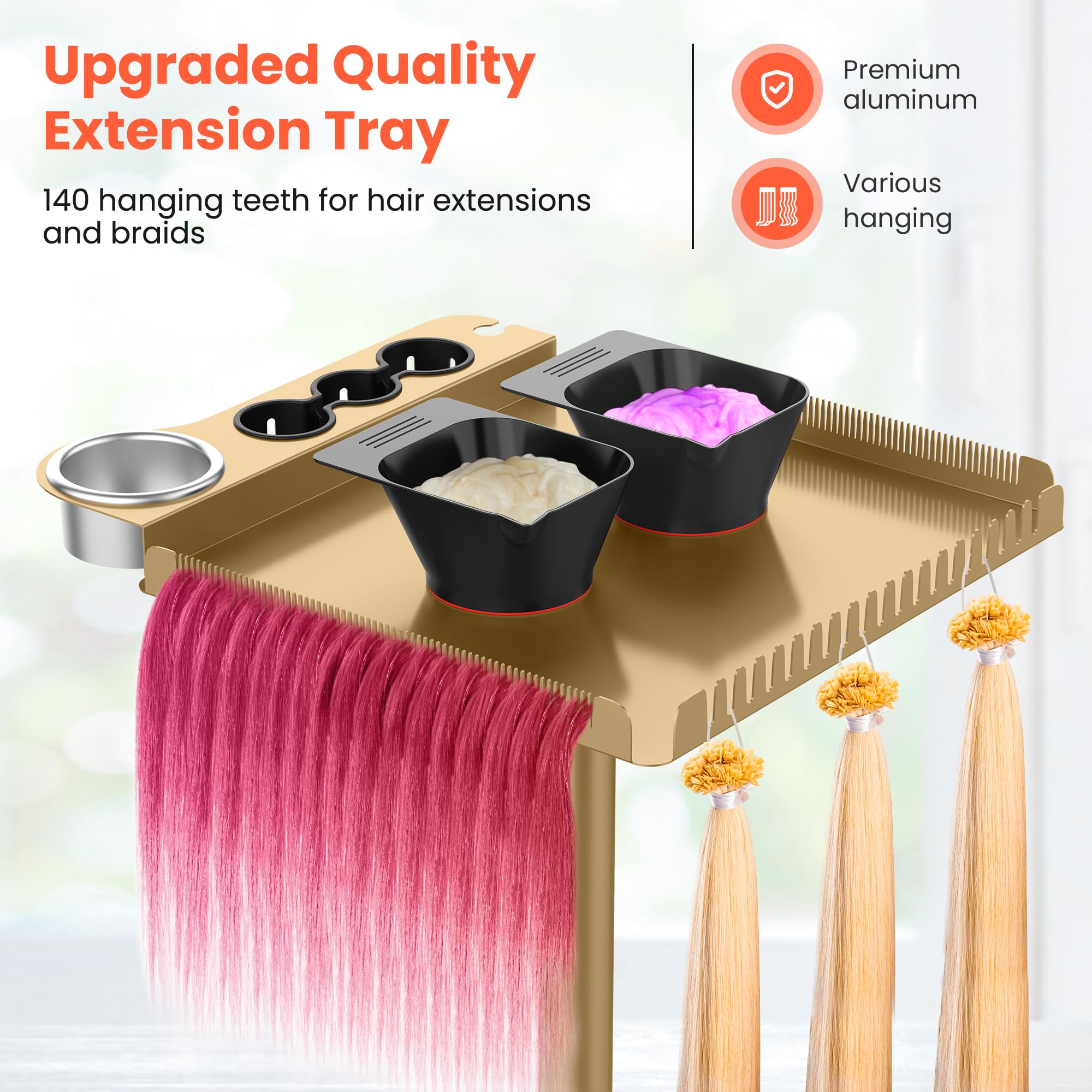 TASALON Gold hair extension holder organized at a styling station