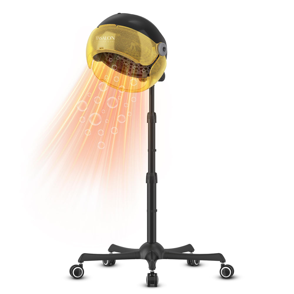 Tasalon Gold portable hooded dryer base shows a stable 5-point stand for secure at-home drying.