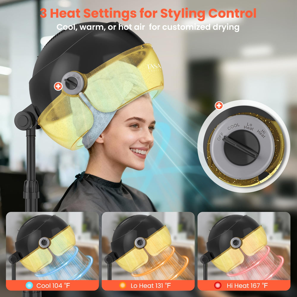 Tasalon Gold adjustable-height hooded dryer demonstrates 30-50 inches for hands-free comfort.