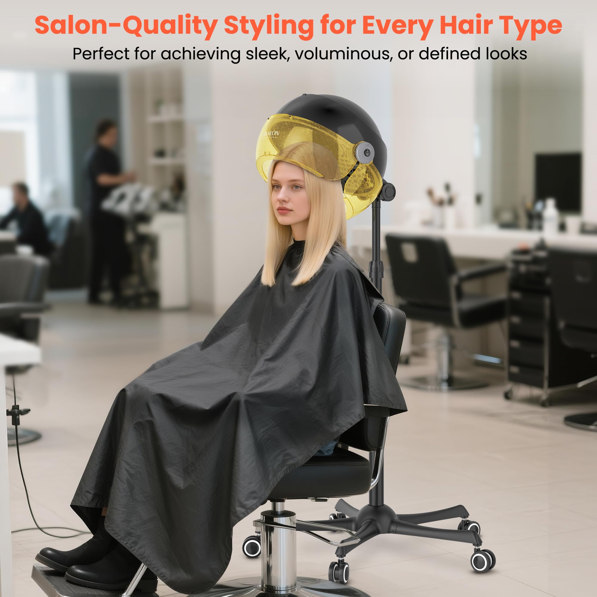 Tasalon Gold hooded dryer quiet operation image emphasizes low-noise home use.