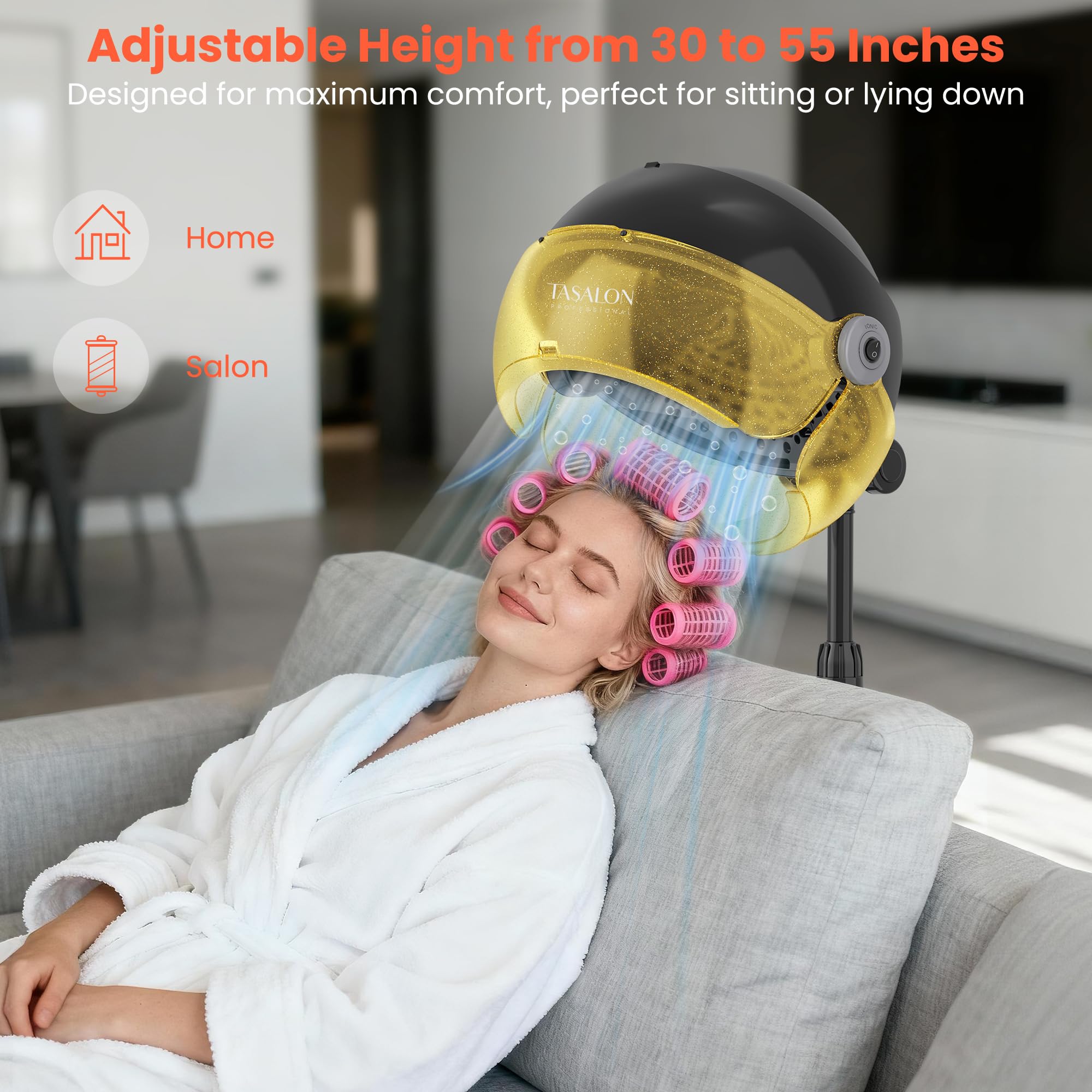 Tasalon Gold hooded dryer wheels enable quiet, smooth mobility during styling.