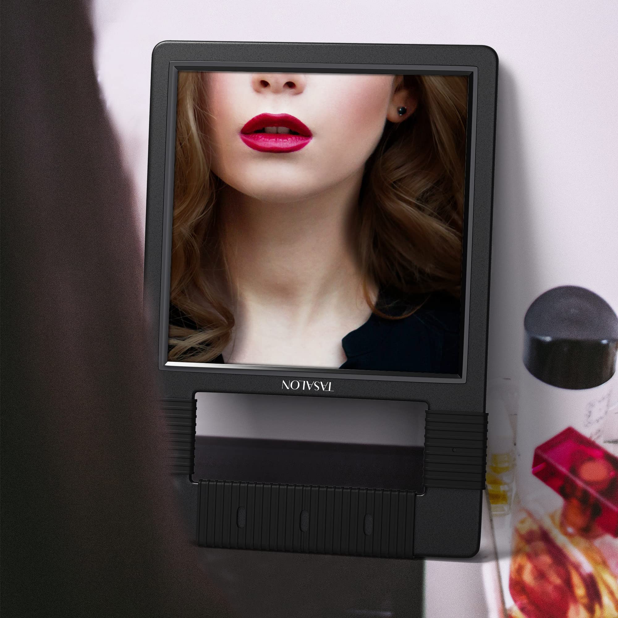 TASALON compact rectangular mirror fits neatly on small vanity spaces.