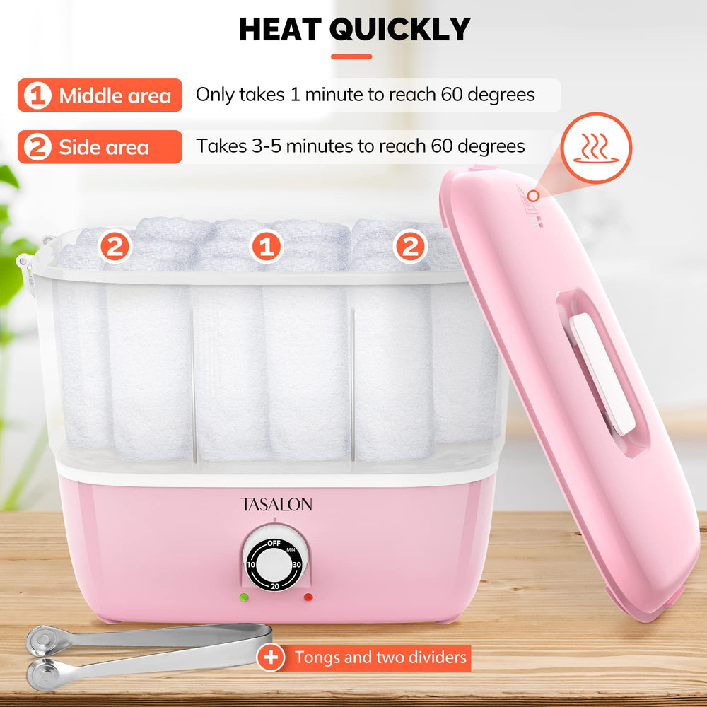 TASALON hot towel steamer open lid reveals towel rack for quick prep.