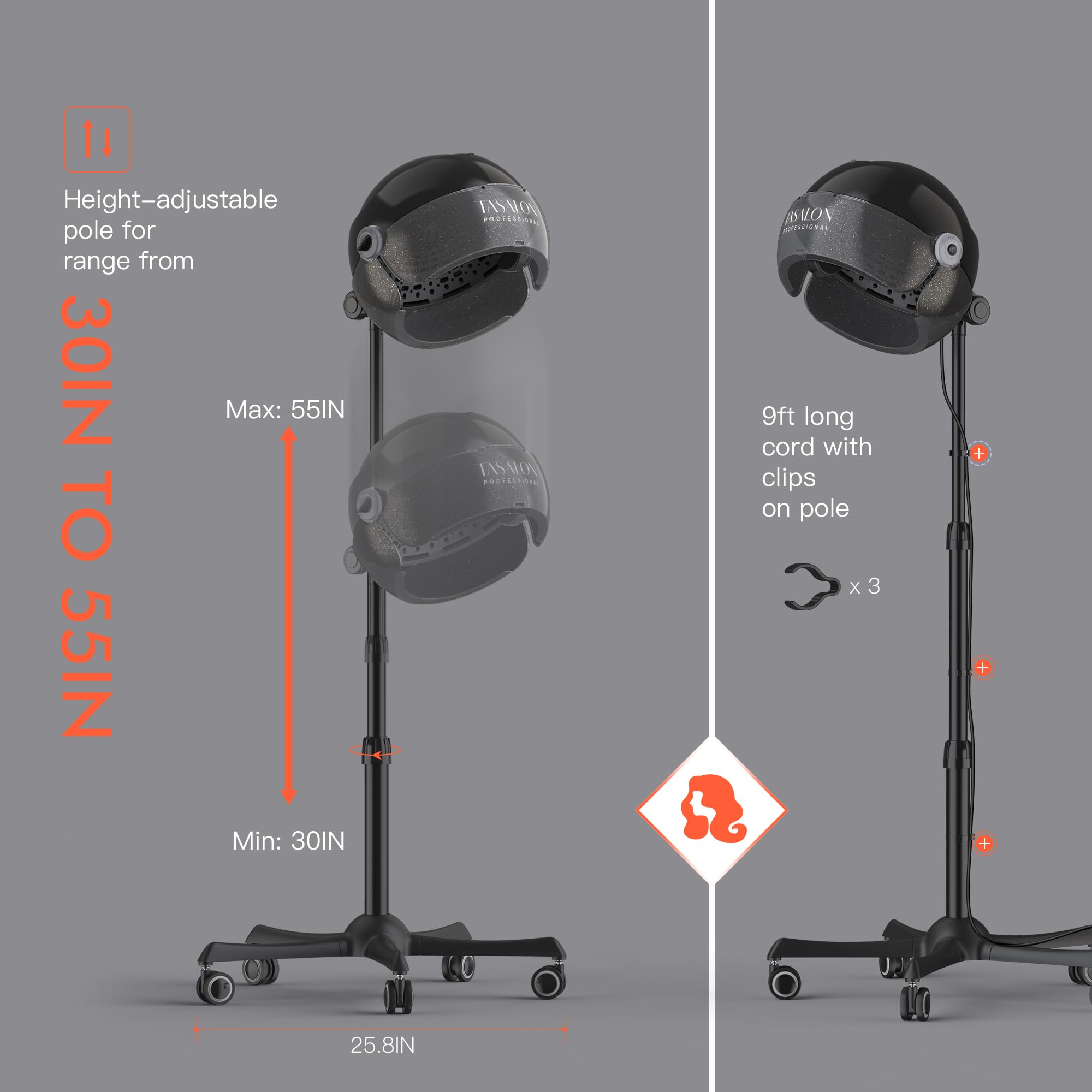 TASALON dryer with nine-foot cord and wheels offers flexible salon-to-home use.
