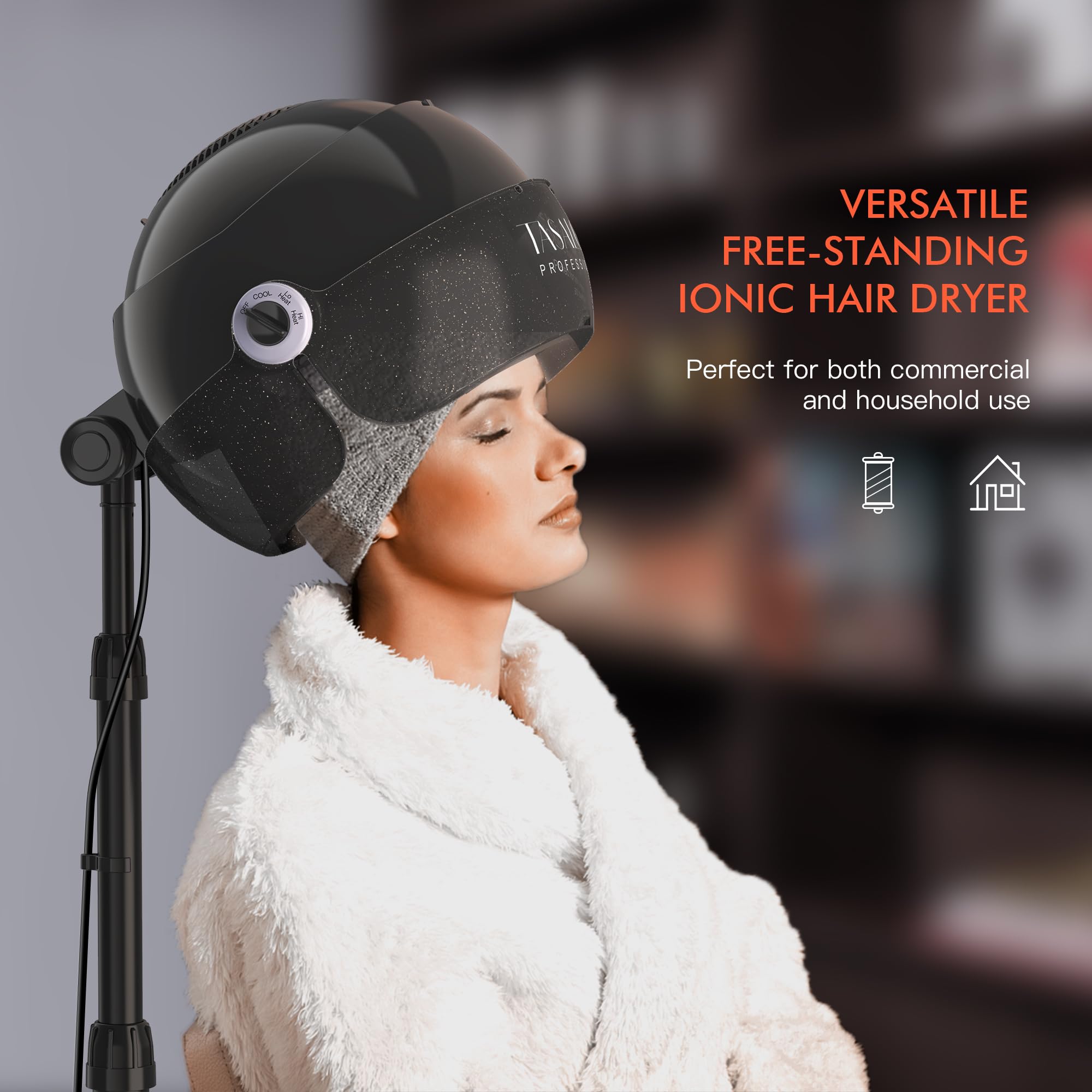 TASALON adjustable-height stand ensures comfortable drying for clients or at home.