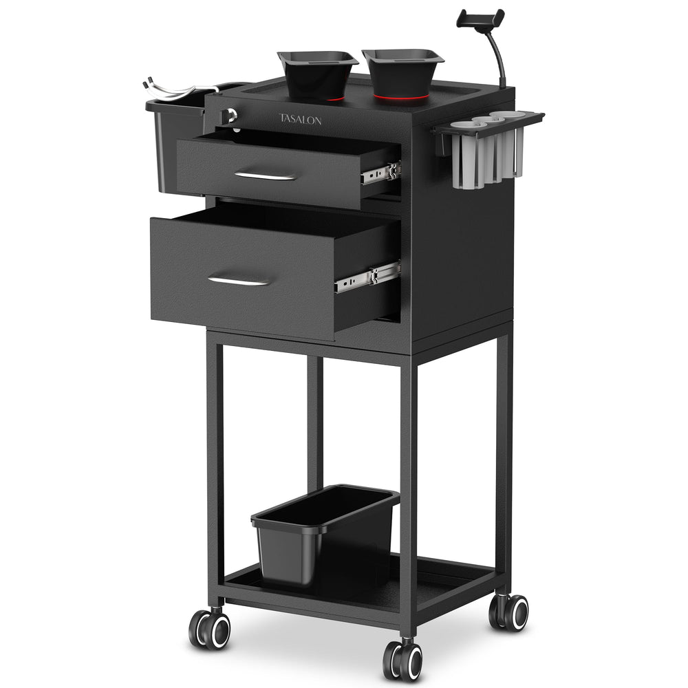 TASALON salon trolley cart front view shows sturdy steel frame for mobile styling.