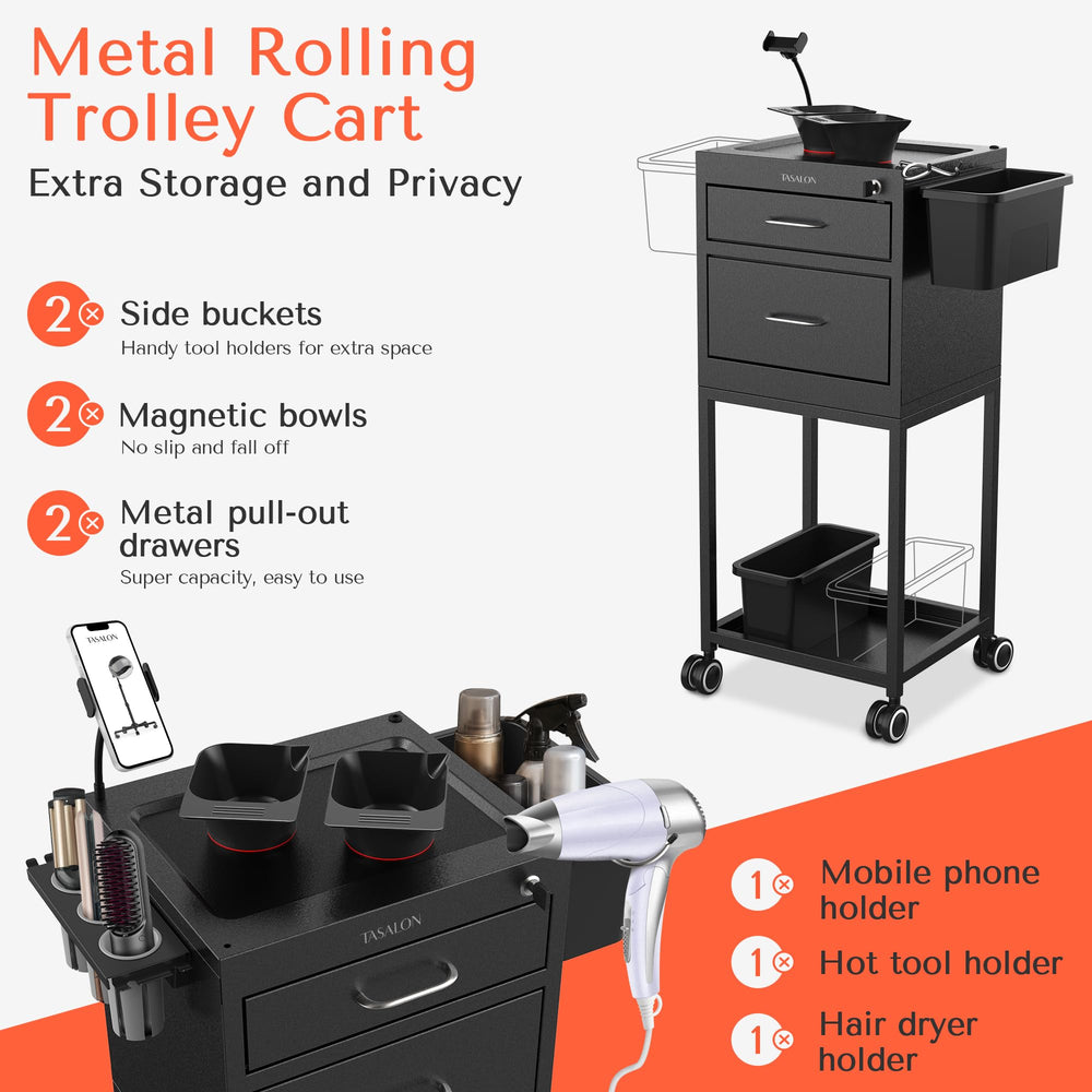 TASALON salon trolley cart wheels highlight smooth, quiet mobility on any floor.