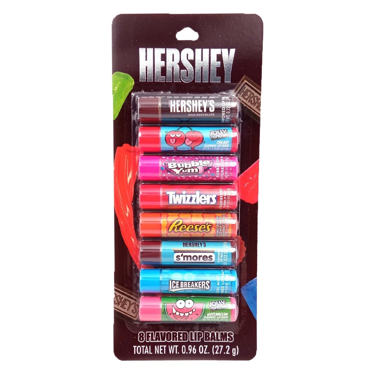 Taste Beauty Hershey 8-pack lip balms in colorful tubes for portable lip moisture and flavor variety.