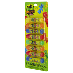 Taste Beauty Sour Patch Kids lip balm tubes close-up highlights glossy finish and fruity aroma.