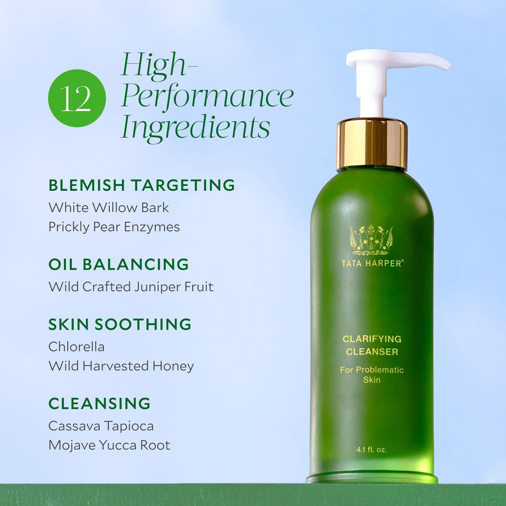 Tata Harper Clarifying Cleanser hand press showing soothing gel texture for daily use.