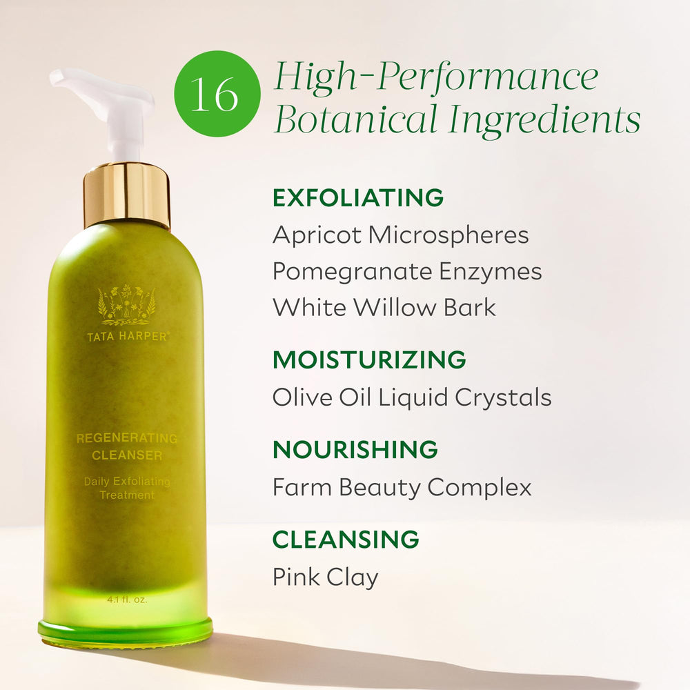 Tata Harper Regenerating Cleanser apricot microspheres in action for refined skin texture.