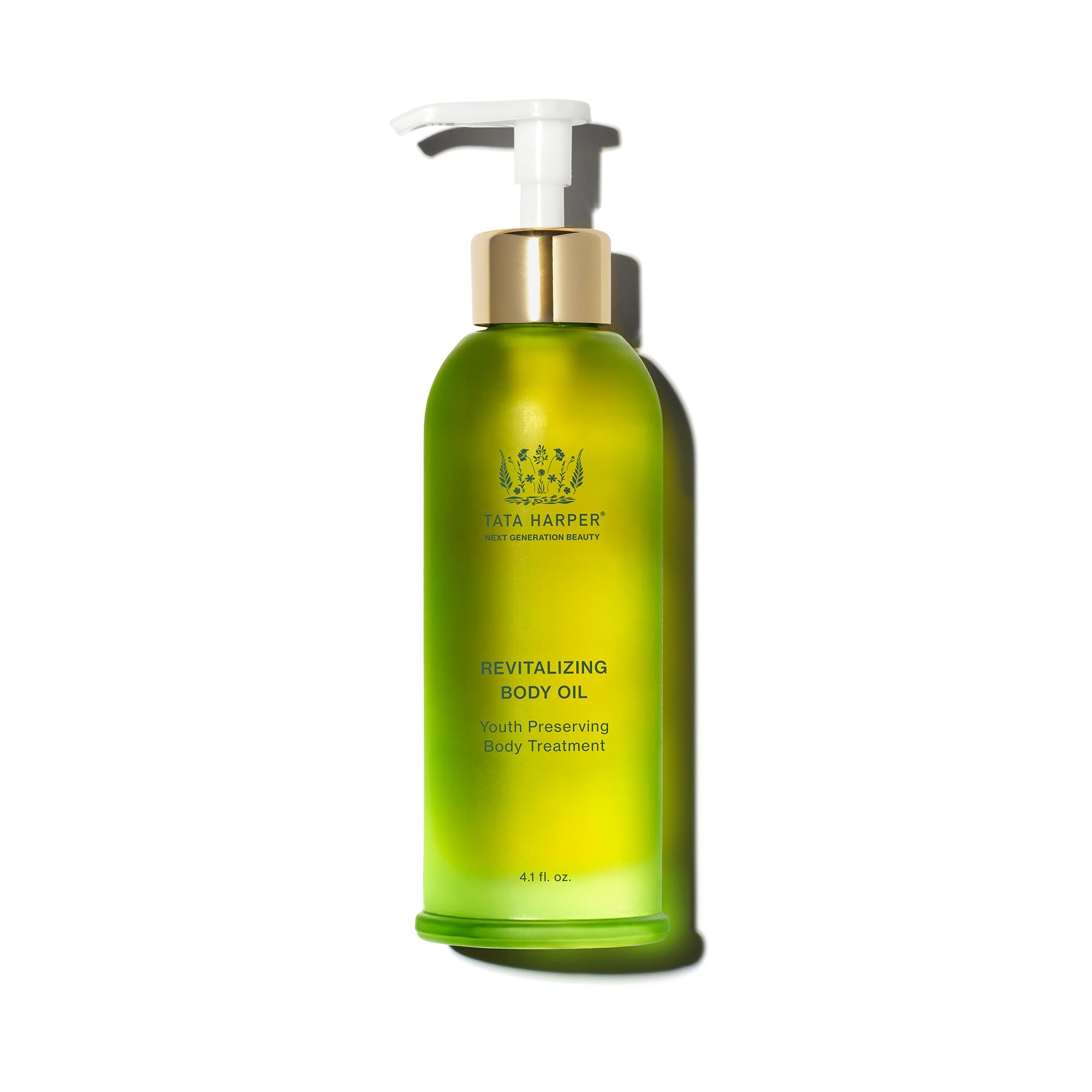 Tata Harper Revitalizing Body Oil bottle close-up for premium natural hydration.