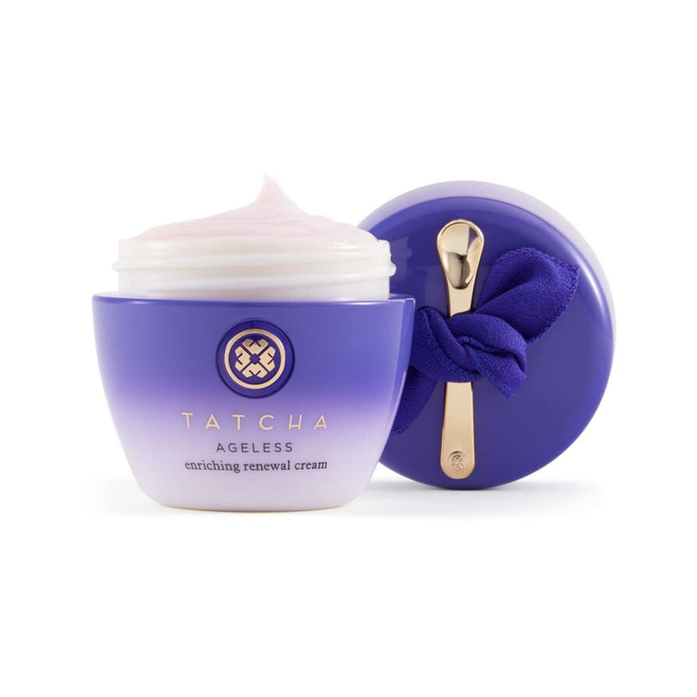 TATCHA Ageless Enriching Renewal Cream on dry skin demonstrates soothing hydration