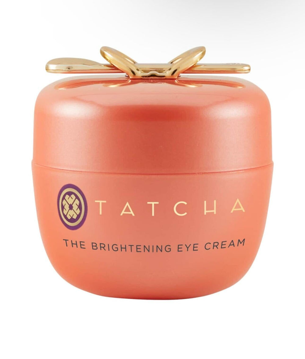 TATCHA Brightening Eye Cream tube front shows premium packaging for daily brightening