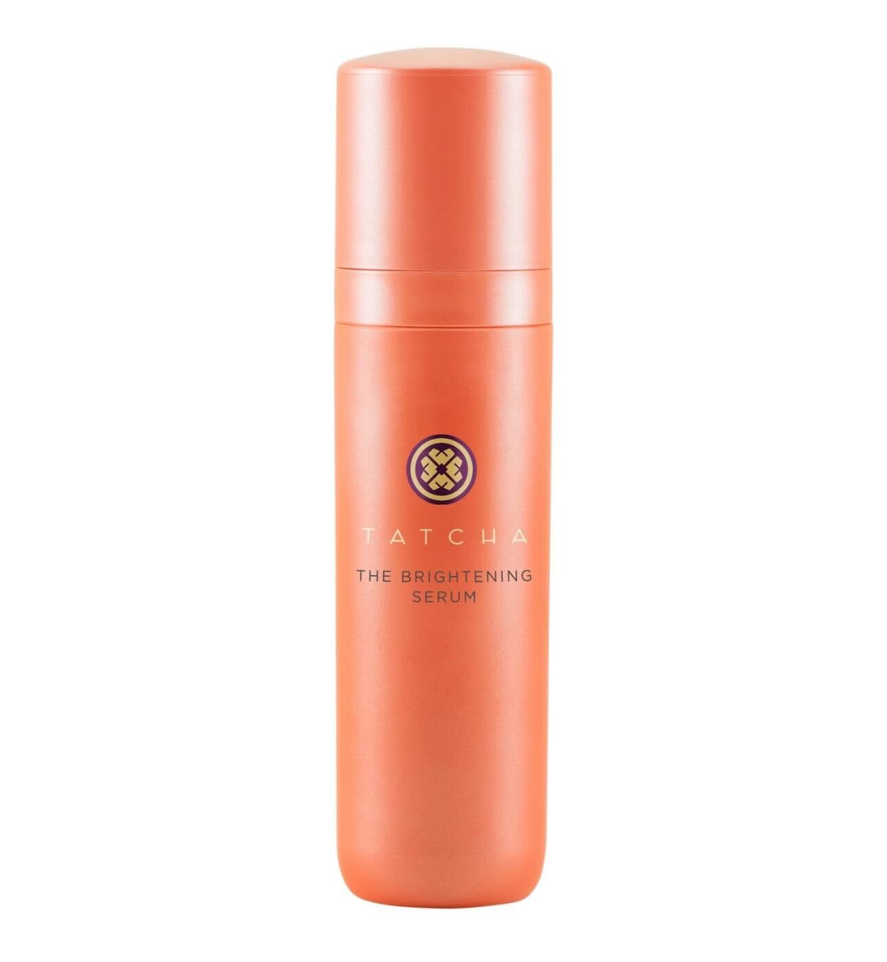 TATCHA Brightening Serum bottle closeup highlighting time-release vitamin C benefits.
