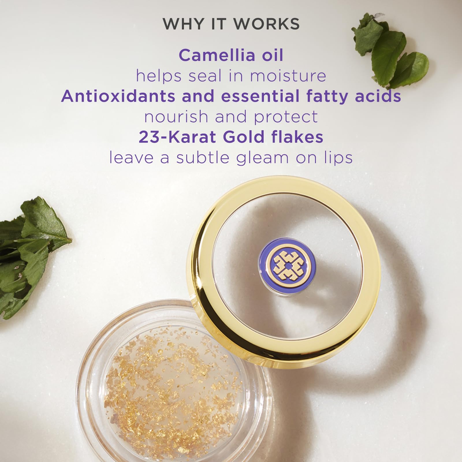 TATCHA Camellia Gold Spun Lip Balm with 23-karat flakes adds subtle gleam