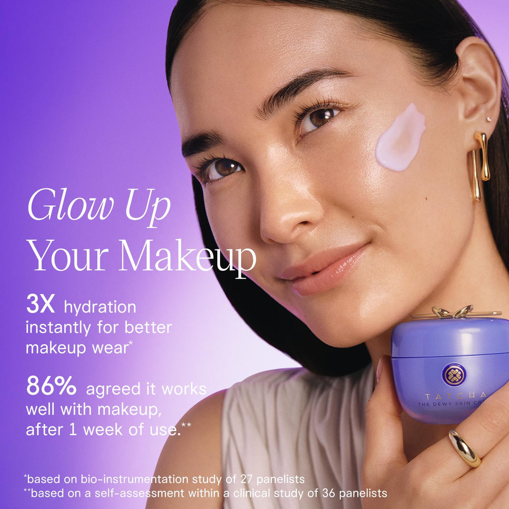 TATCHA The Dewy Skin Cream on fingertip suggests deep moisturization for dry and combo skin